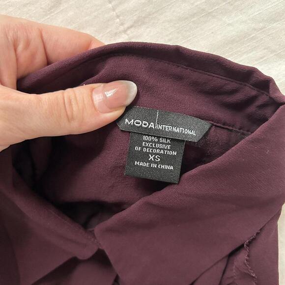 Moda international sheer silk Burgundy Y2K ruffle waist blouse long sleeves - Picture 2 of 8
